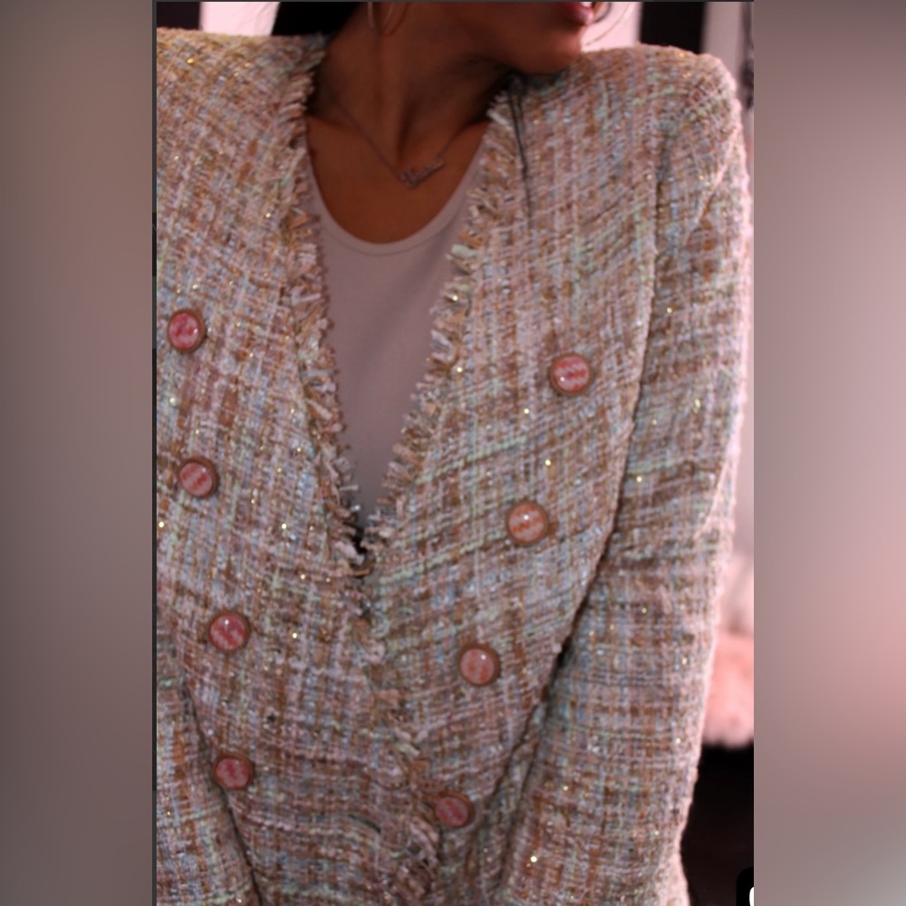 SANS SOUCI Mint And Pink Tweed Blazer Size Small